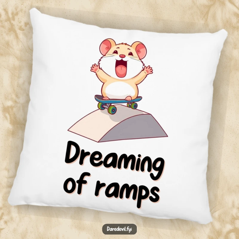Funny Hamster Pillow: A thrilled hamster character rides a mini skateboard down a ramp, bringing extreme fun and cozy comfort.