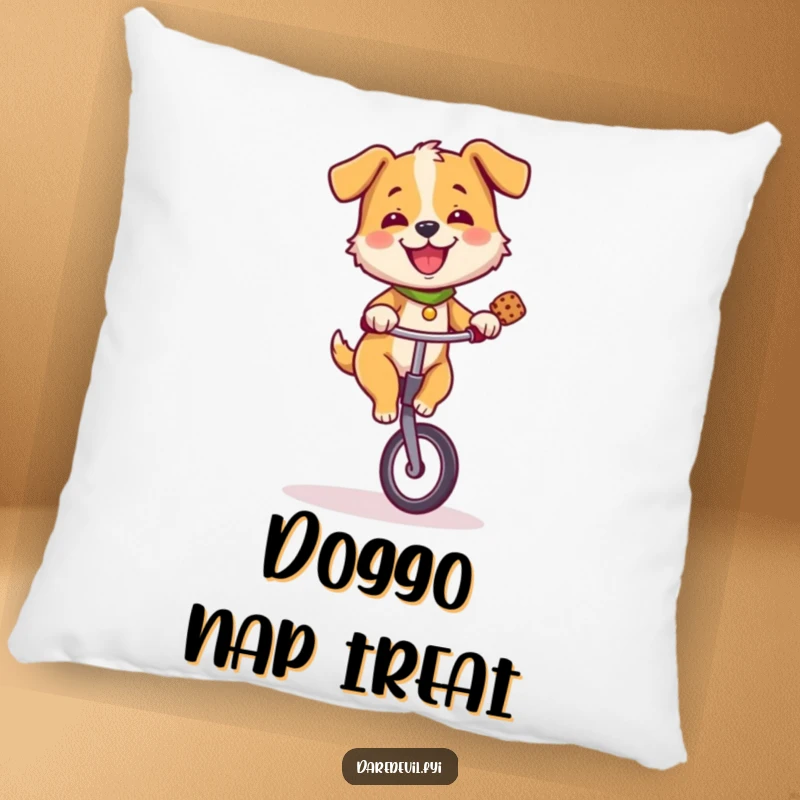 Funny dog balancing a treat on its nose while riding a unicycle, a soft and humorous pillow design.