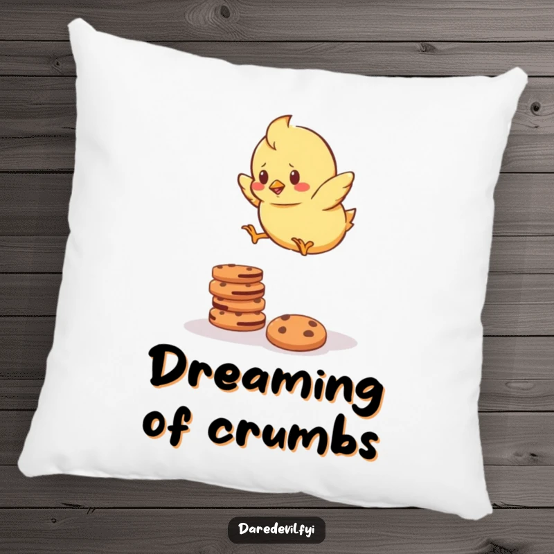 Funny Pillow showcasing a determined chick bravely jumping over a stack of cookies, offering comfort and a humorous motivational message.