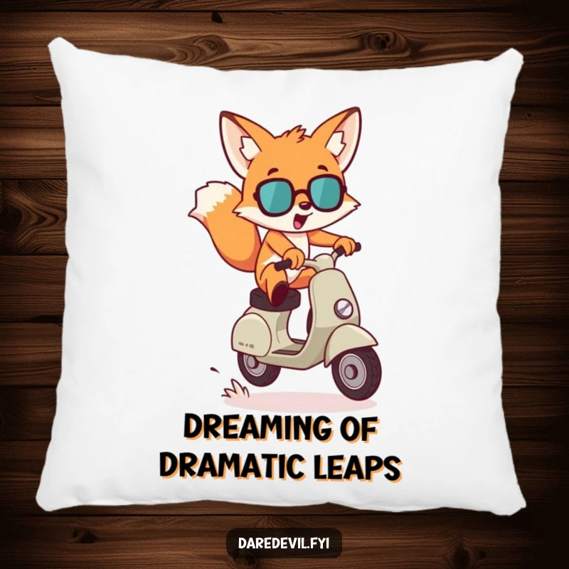 Funny Pillow: A mischievous fox character leaps dramatically over a small gap on a scooter, bringing humorous comfort.
