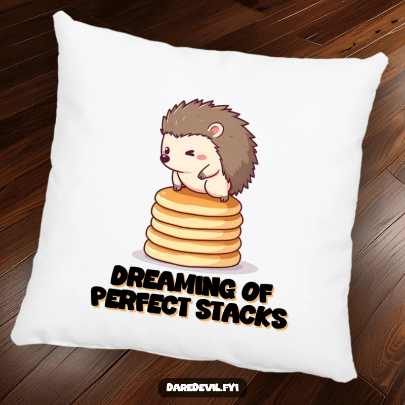 Funny hedgehog pillow: a small hedgehog perched precariously on a stack of pancakes, bringing cozy humor.
