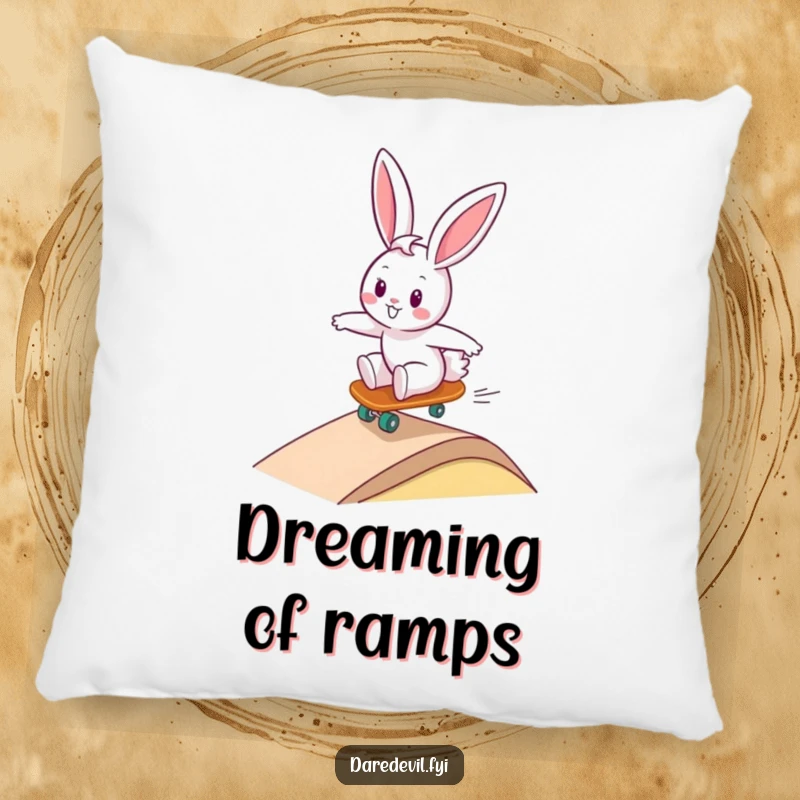 Funny bunny character with a determined expression, riding a tiny skateboard down a steep ramp, making a funny and cute pillow design.