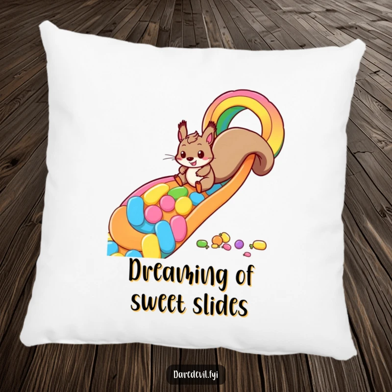 Funny squirrel candy slide pillow with a playful squirrel zooming down a rainbow made of candy, ideal for adding humorous comfort and sweet charm.