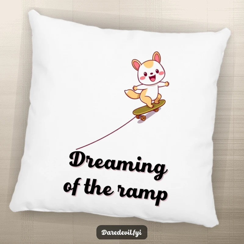 Funny Skater Animal Pillow featuring a happy character skateboarding down a ramp, offering soft comfort and a humorous touch.