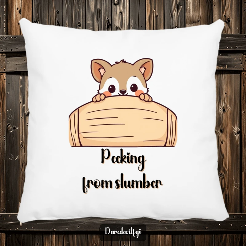 Funny Accent Pillow showcasing a curious animal character playfully peeking over a large, fun obstacle, a soft and humorous decor item.