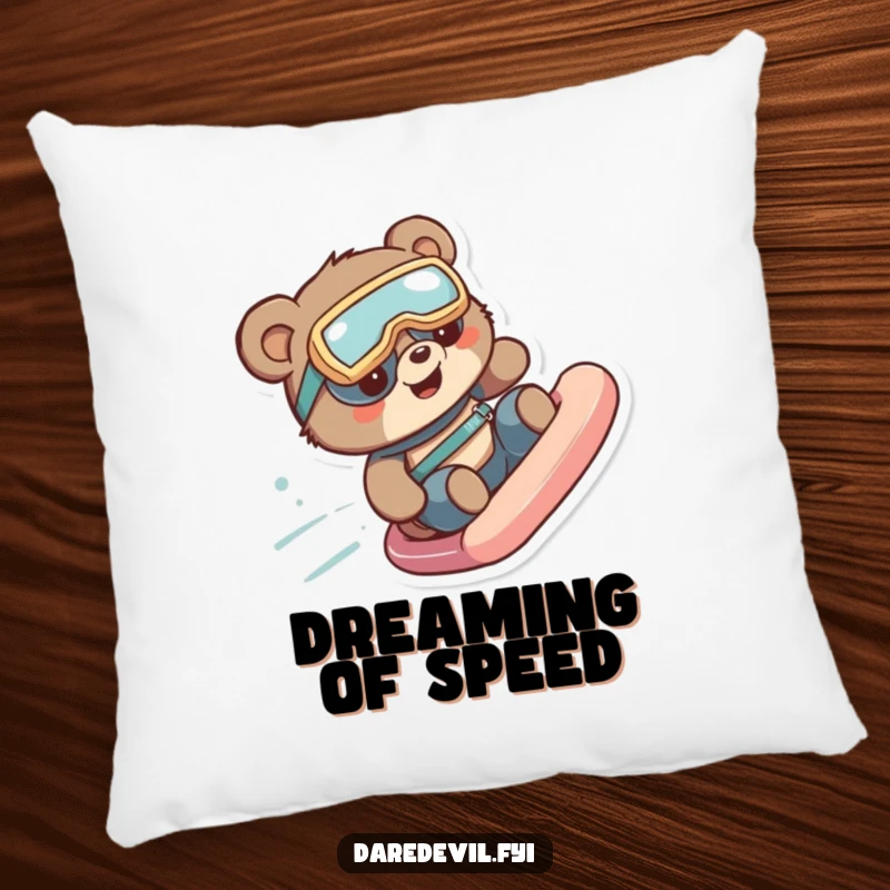 Funny bear with goggles slides down a steep slide, ready for a nap on a funny pillow.