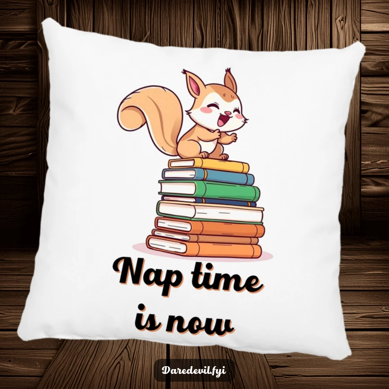 Funny plush pillow depicting a giggling squirrel character rapidly climbing a tall stack of books, offering cozy literary humor.