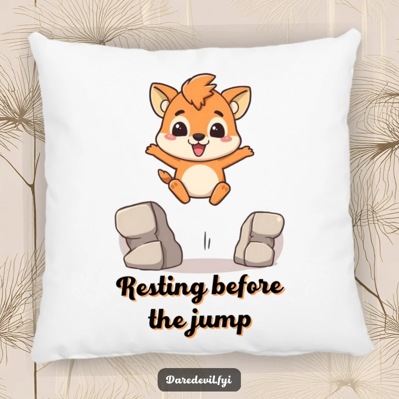 Funny Pillow featuring a brave animal character mid-leap over a gap, bringing determined energy to plush comfort.