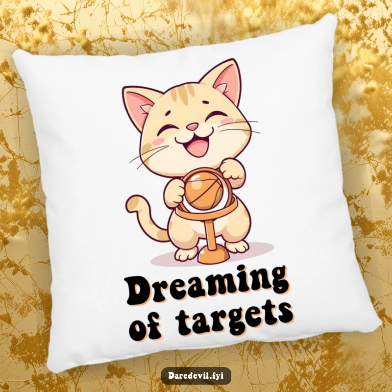 Funny grinning cat aiming a ball at a tiny hoop, featured on a soft, decorative pillow for humorous comfort.
