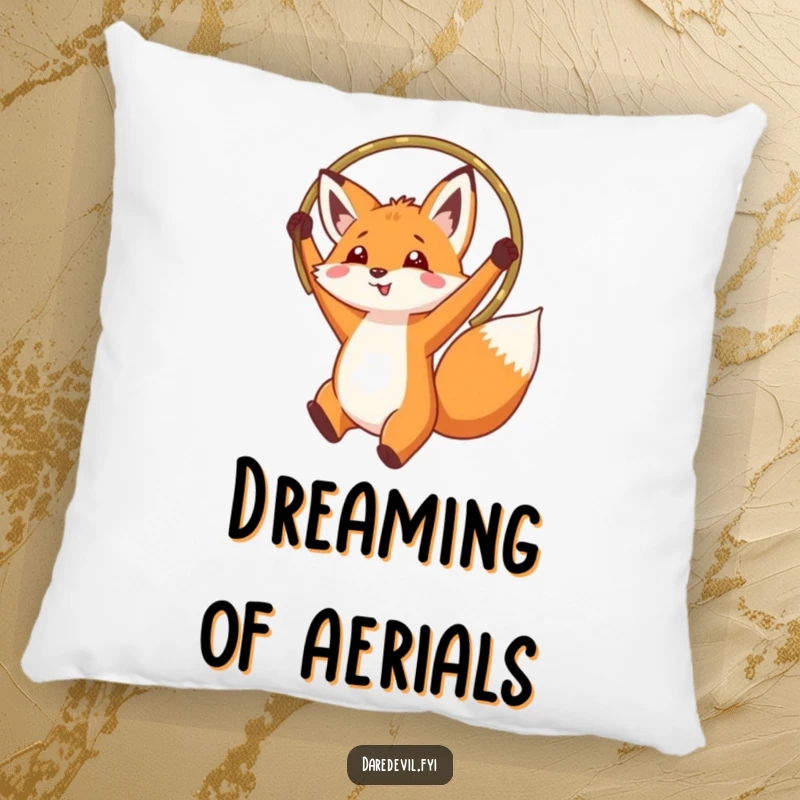 Funny fox jumping through a hoop, featured on a soft, plush pillow, bringing comfort and playful humor to any space.