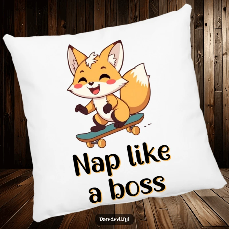 Funny fox with a joyful smirk, balancing on a skateboard, ready for a chill session, perfect for adding humor to comfort.
