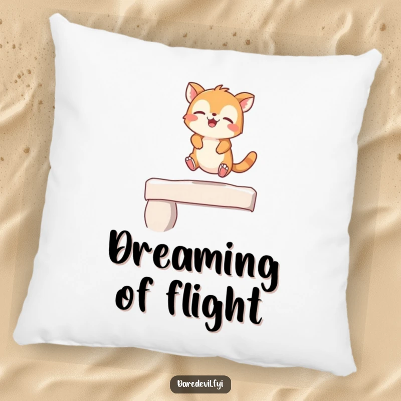 Funny Pillow featuring a giggling animal character taking a playful leap off a small ledge, adding cheer and comfort.