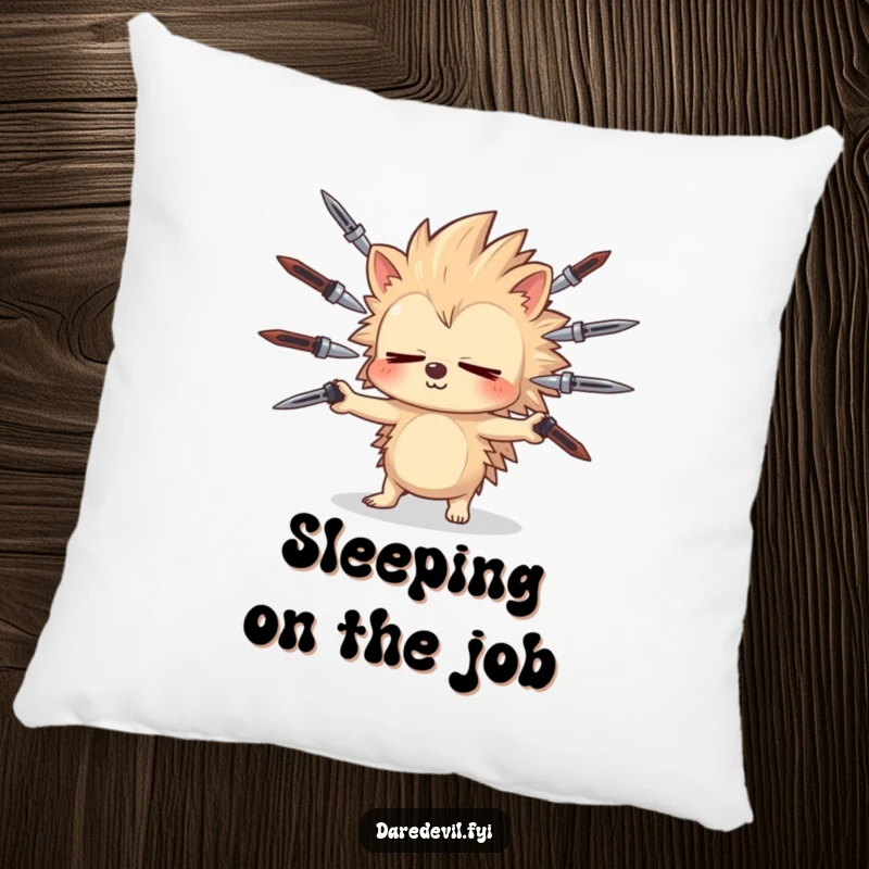 Funny sleepy hedgehog juggles sharp objects, bringing cozy yet dangerous vibes to a funny pillow.