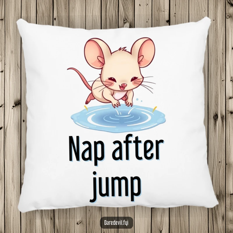 Funny spunky mouse character diving into a puddle, depicted on a soft, decorative pillow for humorous comfort.