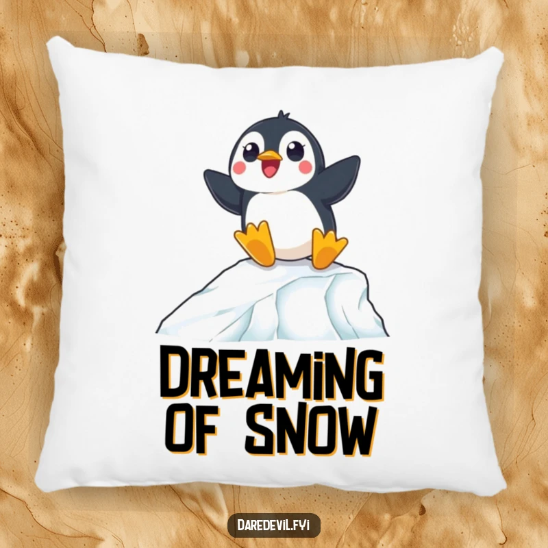Funny pillow design of a surprised penguin expertly sliding down an icy ramp, offering comfort and a splash of humor.