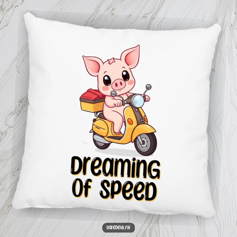 Funny piglet bravely riding a scooter with wide eyes, featured on a soft, plush pillow, bringing comfort and humor.