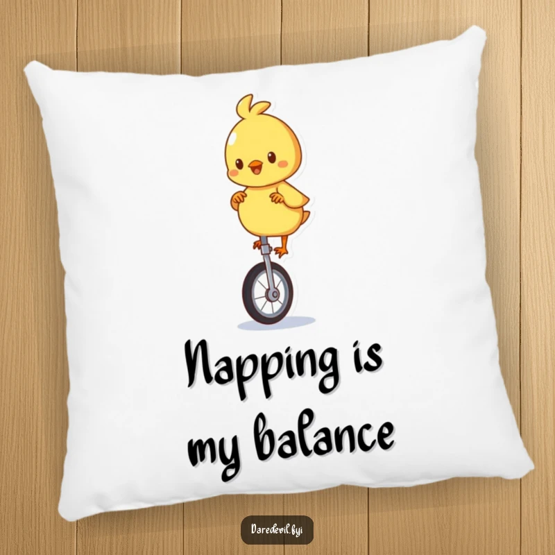 Funny pillow with a plush feel, showing a playful chick character attempting to ride a unicycle, bringing humor to relaxation.