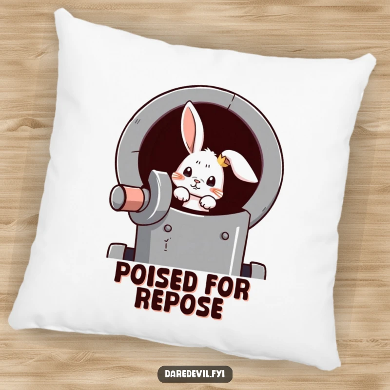 Funny rabbit pillow with a curious rabbit peeking from a cannon, embodying readiness for adventure and comfort.