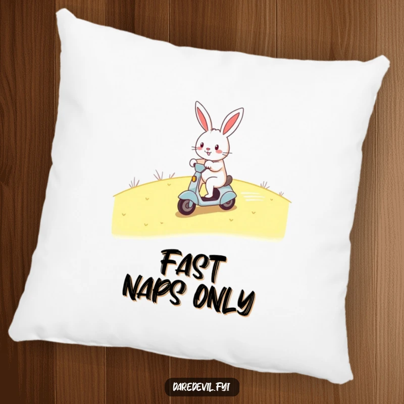 Funny rabbit pillow, cheerful rabbit zooming on scooter, cozy home decor, comfortable and humorous gift for speed lovers.