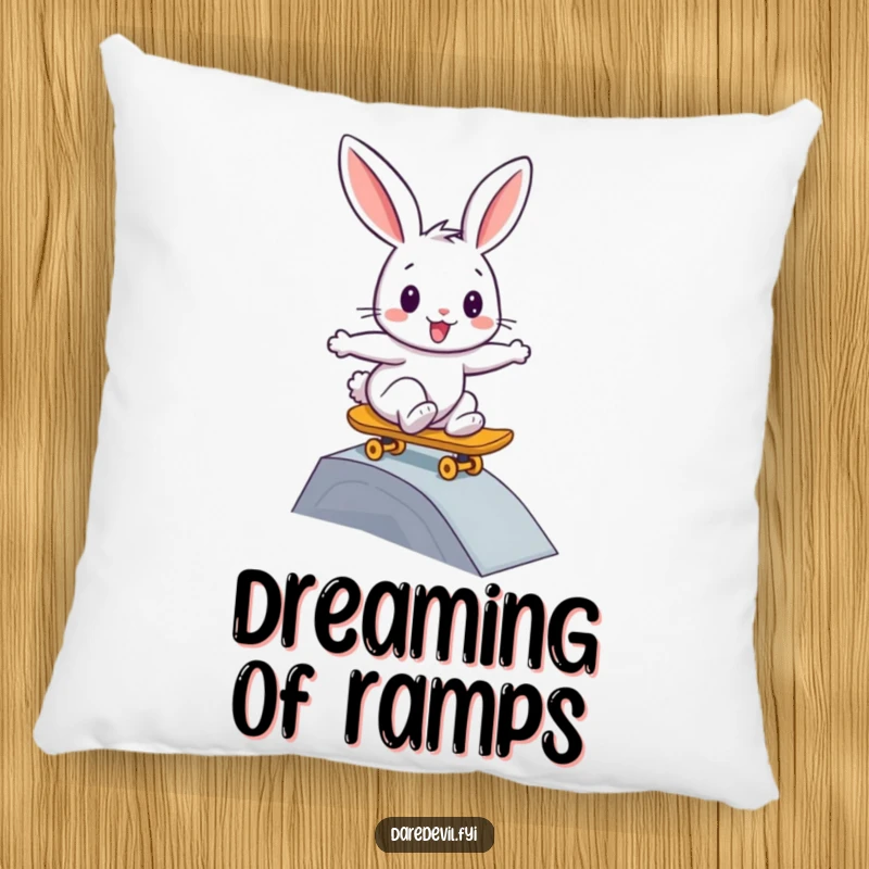 Funny rabbit pillow, featuring a bunny bravely skateboarding down a ramp, for comfort and cool decor.
