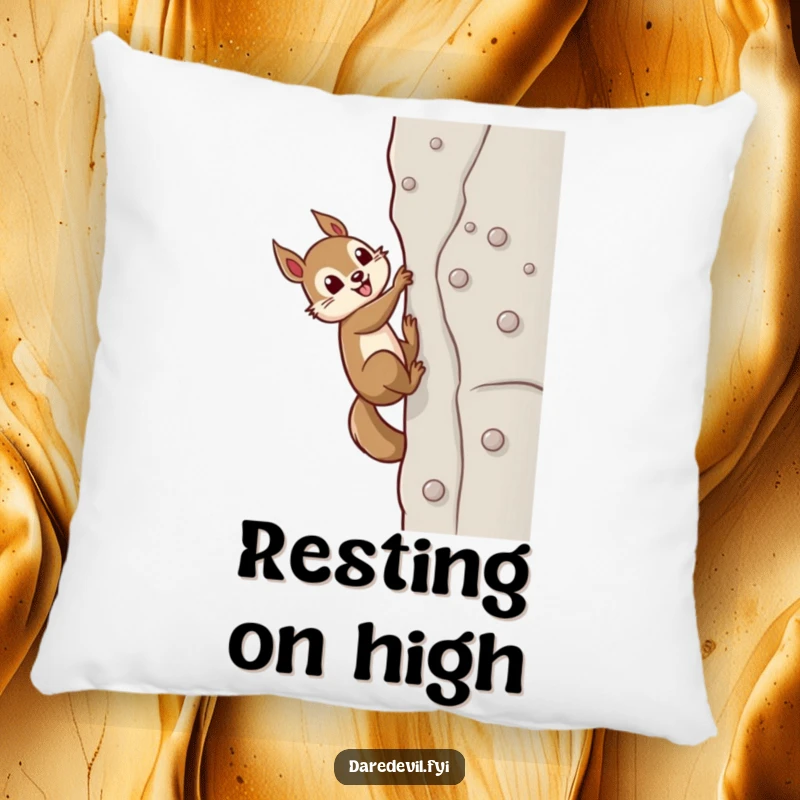 Funny squirrel character gripping a sheer wall with tiny suction cups, appearing focused and determined, for a humorous pillow accent.
