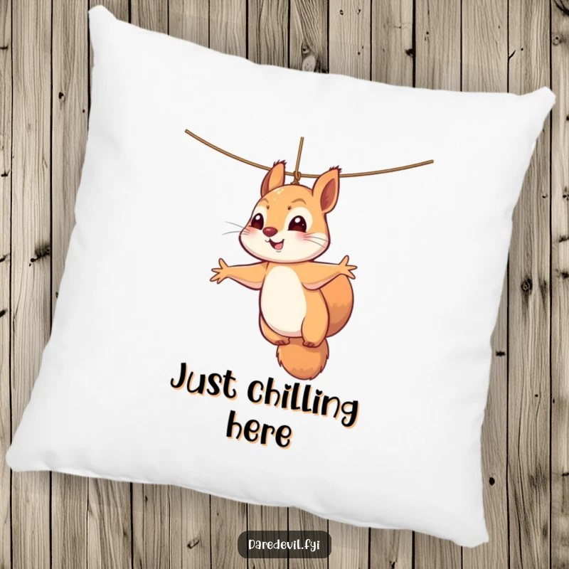 Funny squirrel pillow featuring a perky squirrel dangling precariously from a thin thread, its paws outstretched in a comically desperate pose.