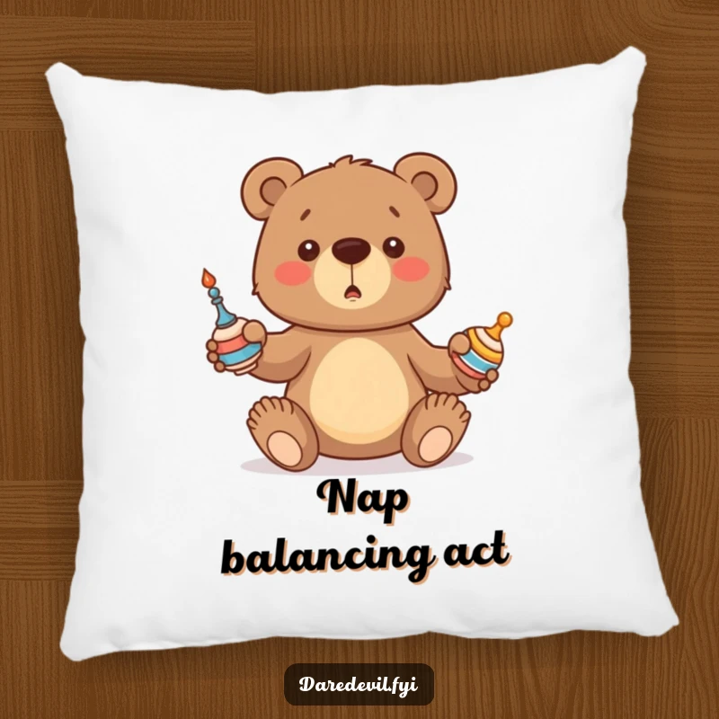 Funny Bear Pillow featuring a bear cub hilariously attempting to juggle, offering comfort and a dose of adorable struggle.