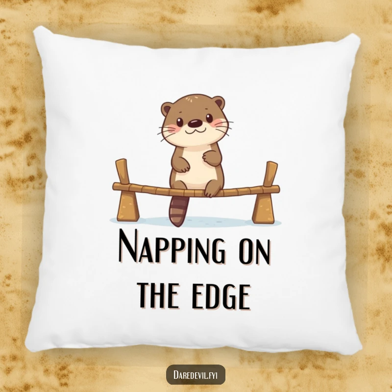 Funny pillow with a whimsical illustration of an otter bravely crossing a narrow, wobbly bridge, adding humor to any room.