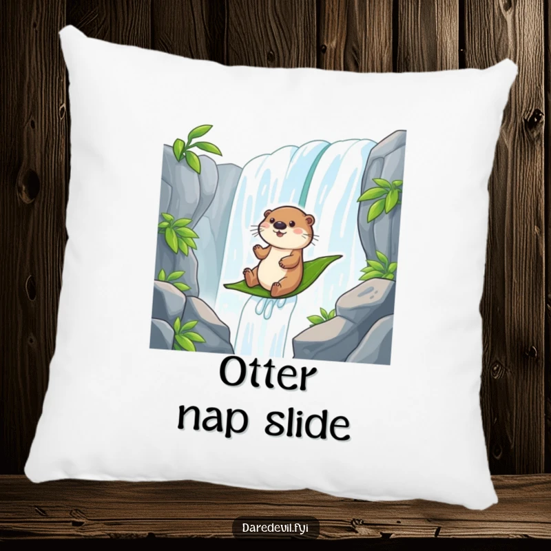 Funny otter sliding down a waterfall on a leaf, a soft and humorous pillow design for aquatic lovers.