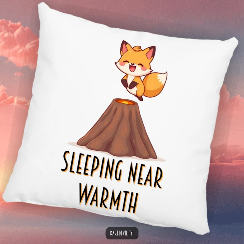 Funny fox pillow, featuring a fox gleefully leaping over a tiny volcano with a smile, for comfort and decor.