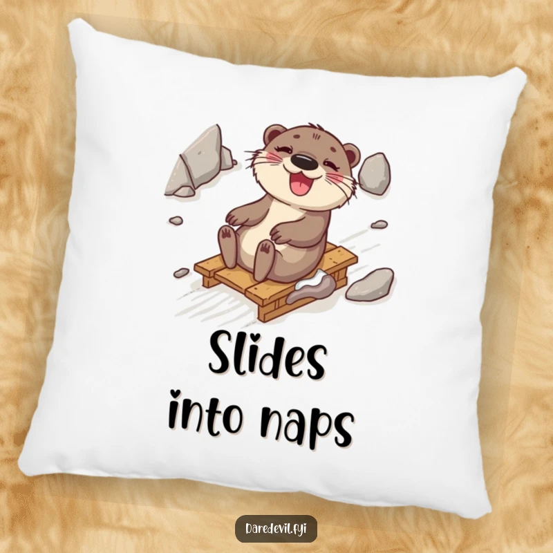 Funny otter looking delighted while sledding down a rocky hill, soft and cuddly, offering comfort and humor, an adorable funny gift.