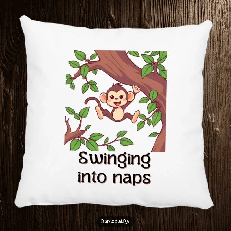 Funny monkey pillow with a lively monkey character captured mid-swing through lush green vines, full of playful energy.