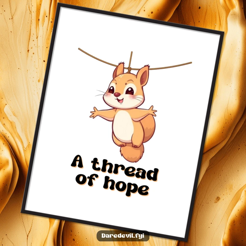Funny squirrel digital art print of a perky squirrel dangling precariously from a thin thread, paws outstretched in a dynamic, humorous pose.