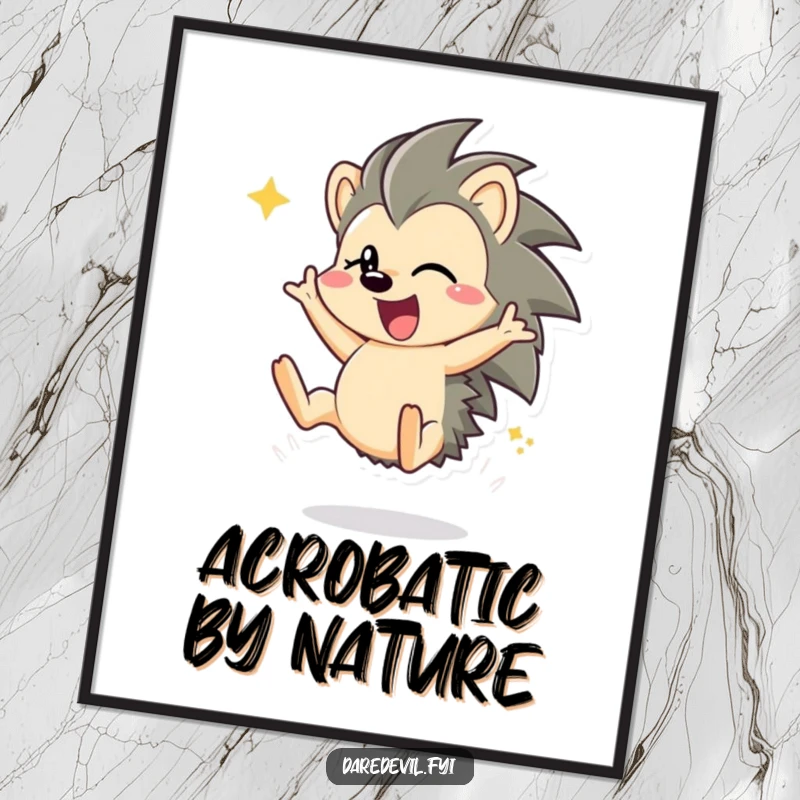 Funny hedgehog character in a full, energetic somersault, rendered as a vibrant digital art print for humorous decor.