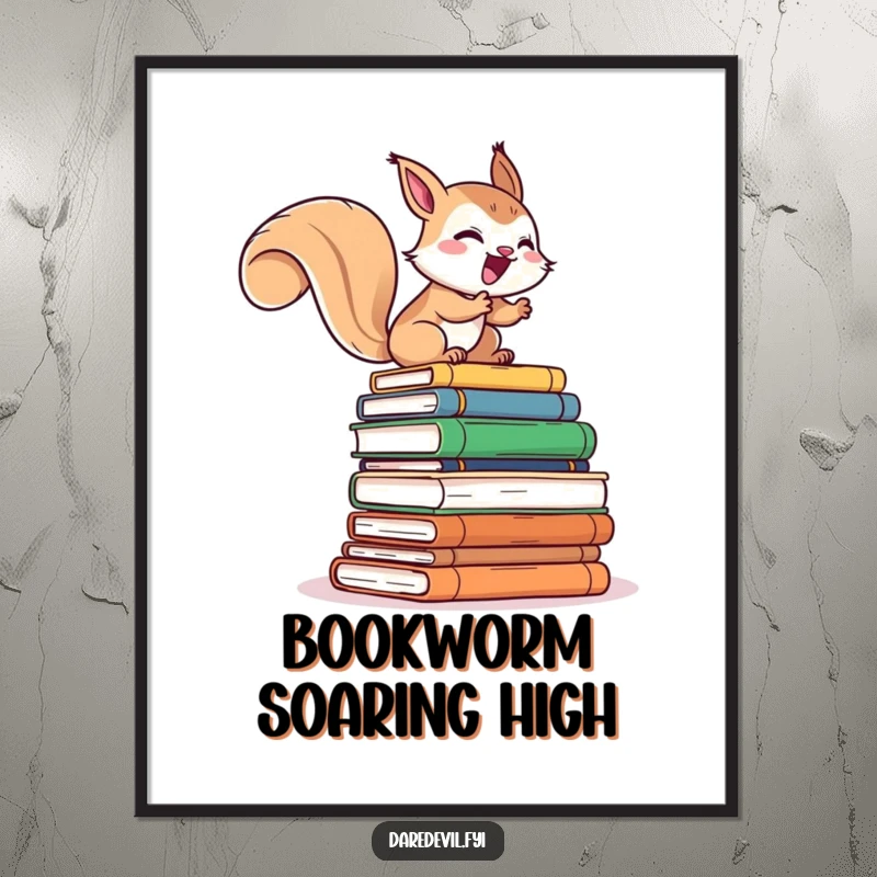 Funny digital art print of a giggling squirrel character rapidly climbing a tall stack of books, ideal for playful bookish wall decor.