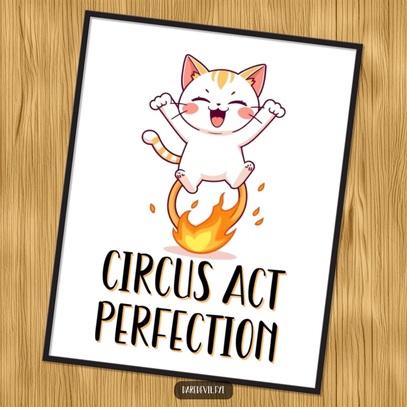 Funny digital art print of a mischievous cat leaping with glee over a fiery hoop, capturing a moment of daring fun.