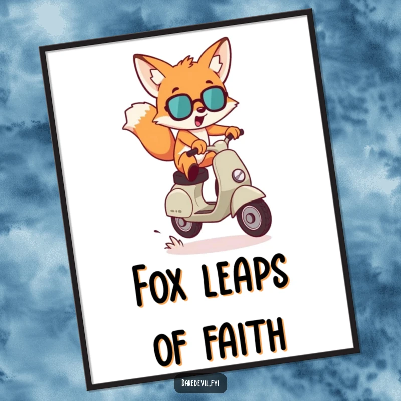 Funny Digital Art: A mischievous fox character leaps dramatically over a small gap on a scooter, thrilling and humorous downloadable art.