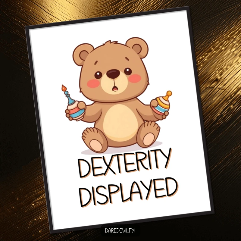 Funny Bear Digital Art Print of a bear cub comically trying to juggle three spinning items, offering instant whimsical and humorous decor.