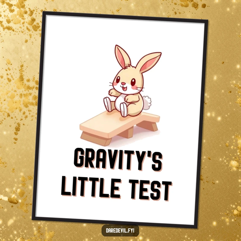 Funny bunny fearlessly sliding down a miniature ramp, high-resolution digital art print, perfect for instant, humorous decoration.