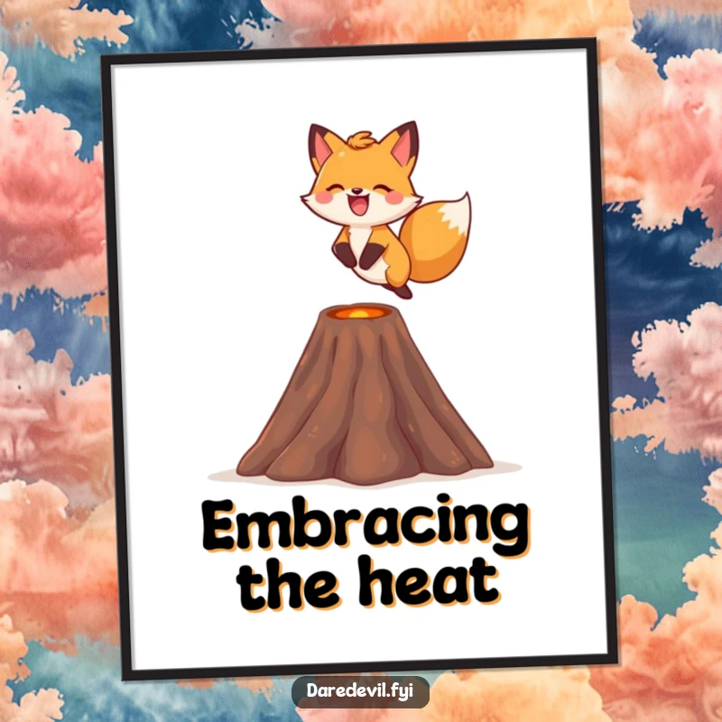 Funny fox digital art print, showing a fox gleefully leaping over a tiny volcano with a smile, for decor.