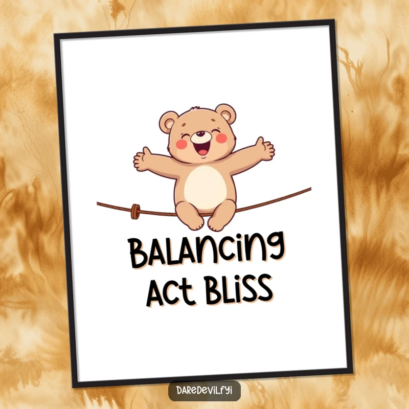 Funny bear digital art print showing a giggling bear balancing on a tightrope, bringing circus fun instantly.