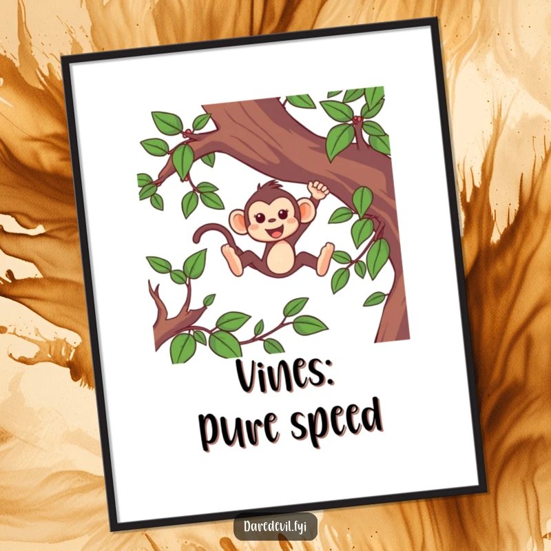 Funny monkey digital art print of a lively monkey character swinging fast through lush green vines, capturing wild energy.