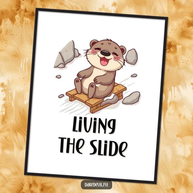 Funny otter with a gleeful expression, sledding down a rocky terrain, conveying excitement and pure delight, ideal for humorous digital wall art.
