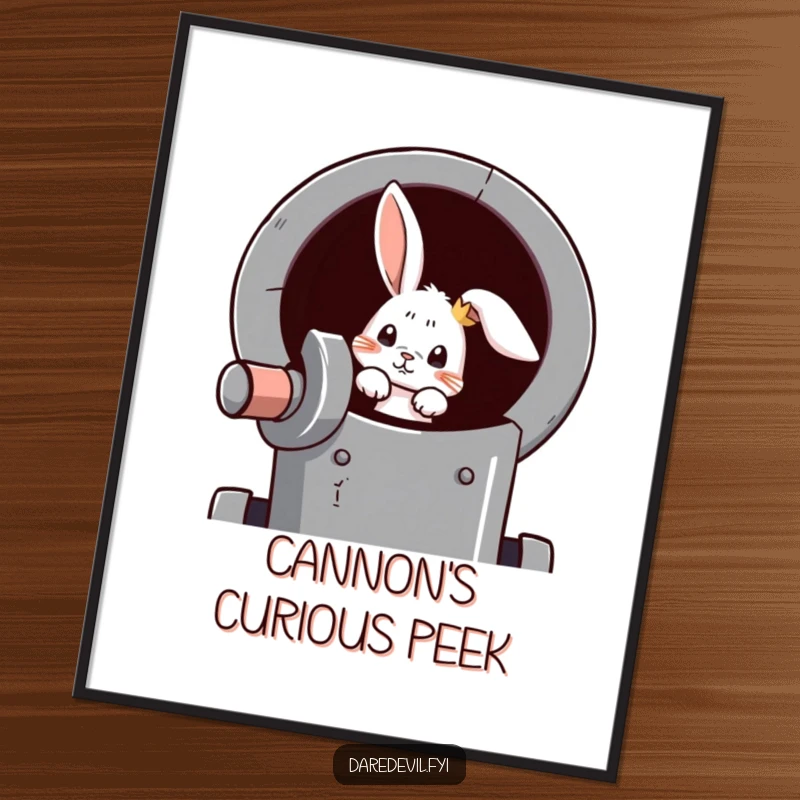 Funny rabbit digital art print of a curious rabbit peeking out of a cannon, anticipating an exciting blast-off.