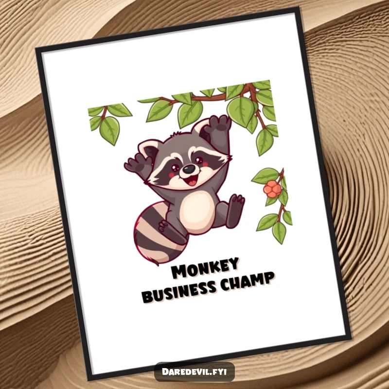 Funny digital art print of a raccoon swinging from a vine with pure exhilaration, celebrating adventure and excitement.