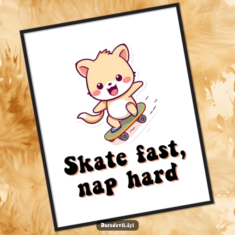 Funny Digital Art Print of a cheerful animal character executing a daring skateboard ramp zoom, capturing pure exhilaration.