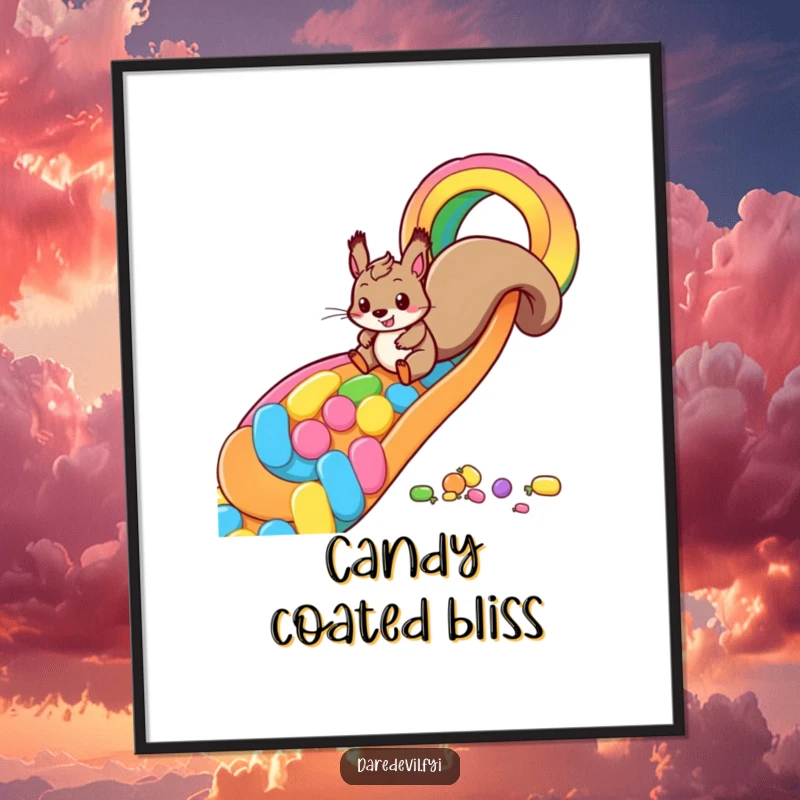 Funny squirrel candy slide digital art print showing a playful squirrel zooming down a rainbow made of candy, perfect for instant sweet wall decor.