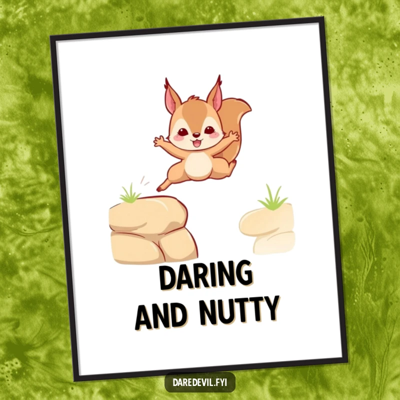 Funny digital art print of a squirrel leaping bravely over a gap, perfect for instant decor and a funny gift.