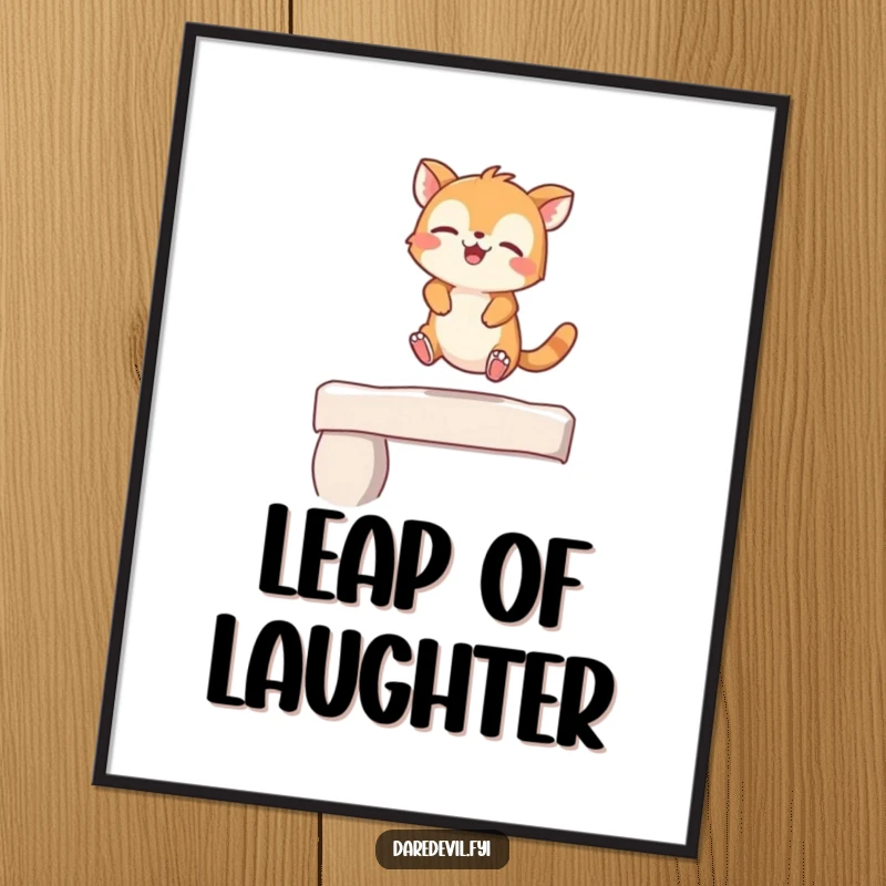 Funny Digital Art Print of a giggling animal character leaping playfully off a small ledge, ready for instant download.