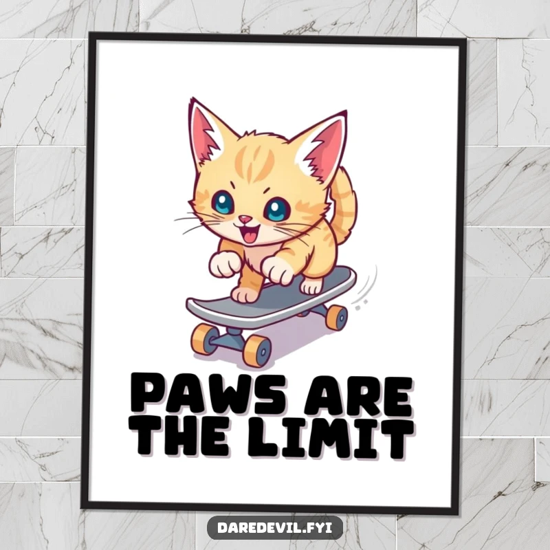 Funny digital art print of a playful kitten aggressively skateboarding down a slide at high speed, ready for instant download.